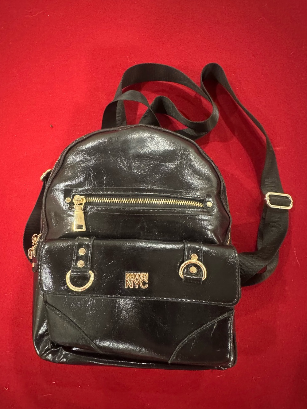 Madden NYC Women’s Medium Black Backpack Gold Hardware Zip Pockets Adjustable